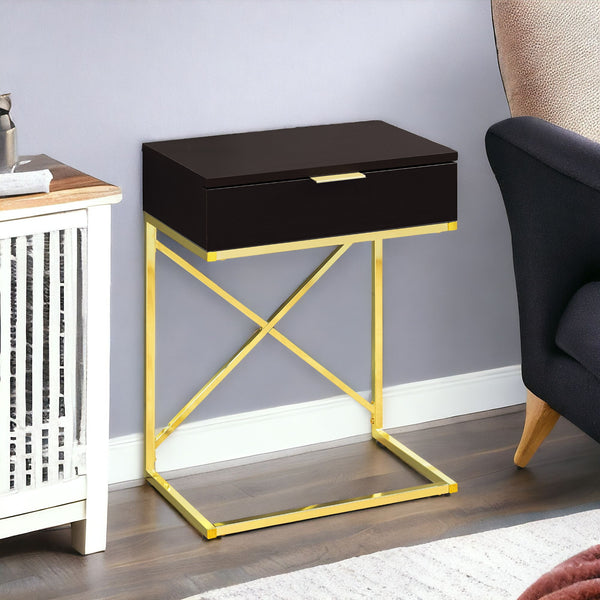 Homeroots 24" Gold And Black Wood And Metal End Table With Drawer   333225