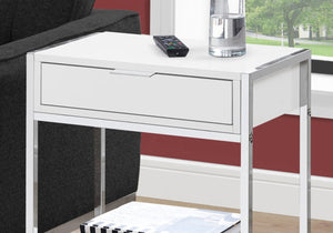 HomeRoots 24" Stylish Wood and Metal End Table with Drawer and Open Shelf for Modern Living Spaces White 333226