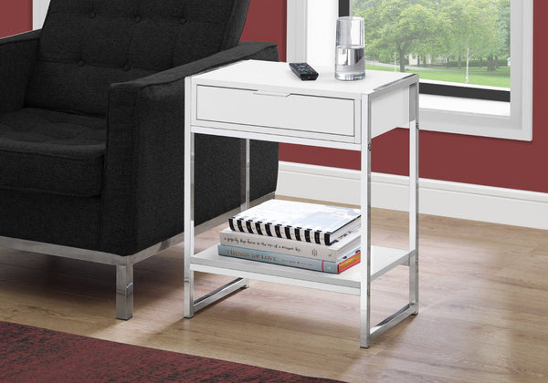HomeRoots 24" Stylish Wood and Metal End Table with Drawer and Open Shelf for Modern Living Spaces White 333226