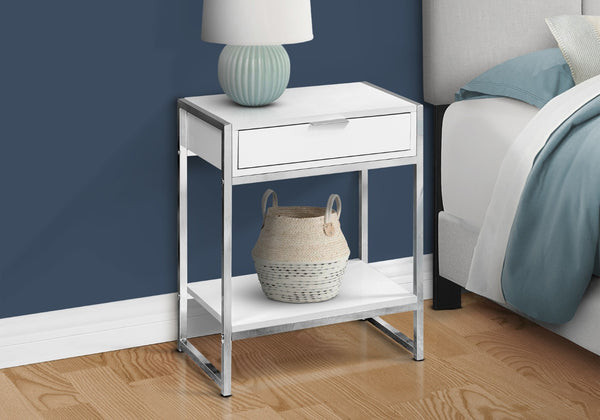 HomeRoots 24" Stylish Wood and Metal End Table with Drawer and Open Shelf for Modern Living Spaces White 333226