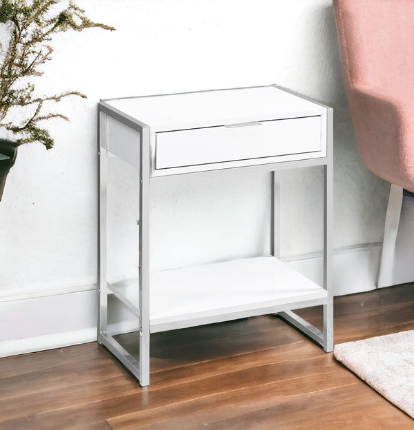 Homeroots 24" Silver And White Wood And Metal End Table With Drawer And Shelf White  333226