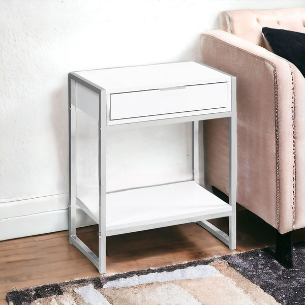 Homeroots 24" Silver And White Wood And Metal End Table With Drawer And Shelf White  333226