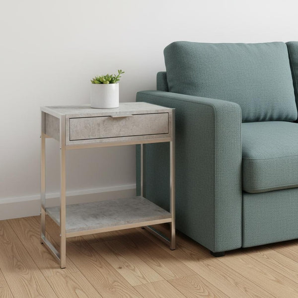 HomeRoots 24" Stylish Wood and Metal End Table with Drawer and Open Shelf for Modern Living Spaces Grey 333227