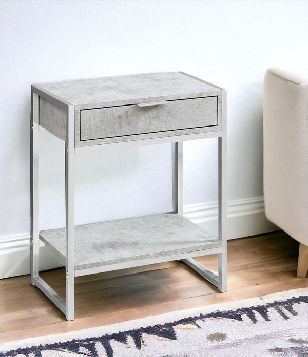Homeroots 24" Silver And Gray Wood And Metal End Table With Drawer And Shelf Grey  333227