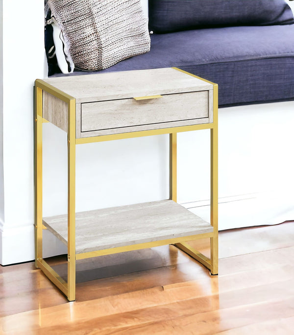Homeroots 24" Gold And Beige Wood And Metal End Table With Drawer And Shelf Beige,Gold  333229