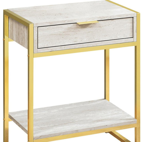 HomeRoots 24" Stylish Wood and Metal End Table with Drawer and Open Shelf for Modern Living Spaces Beige,Gold 333229