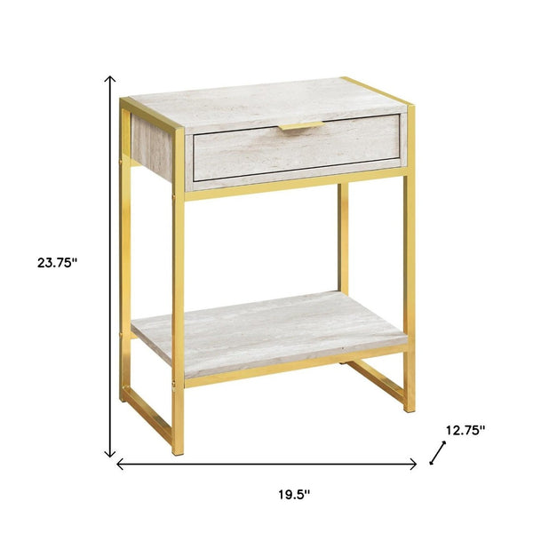 HomeRoots 24" Stylish Wood and Metal End Table with Drawer and Open Shelf for Modern Living Spaces Beige,Gold 333229