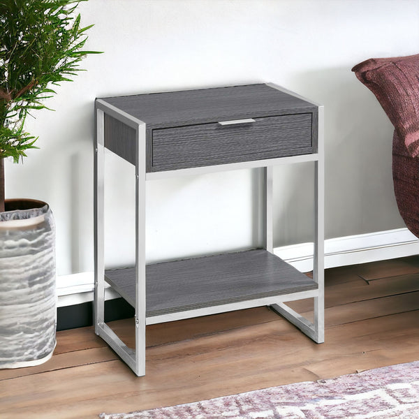 Homeroots 24" Silver And Gray Wood And Metal End Table With Drawer And Shelf Grey  333230