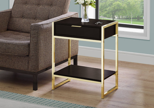 HomeRoots 24" Stylish Wood and Metal End Table with Drawer and Open Shelf for Modern Living Spaces Cappuccino,Gold 333232