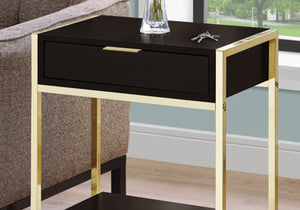 HomeRoots 24" Stylish Wood and Metal End Table with Drawer and Open Shelf for Modern Living Spaces Cappuccino,Gold 333232