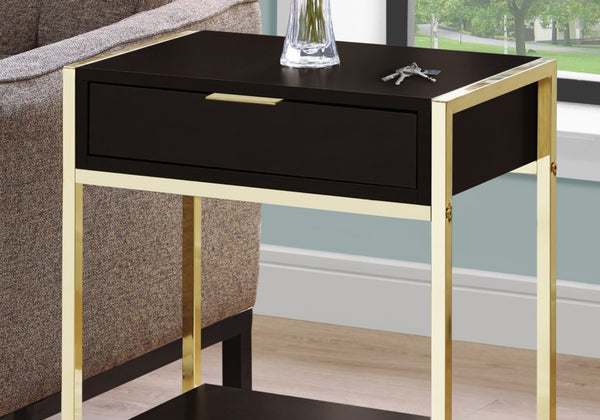 HomeRoots 24" Stylish Wood and Metal End Table with Drawer and Open Shelf for Modern Living Spaces Cappuccino,Gold 333232