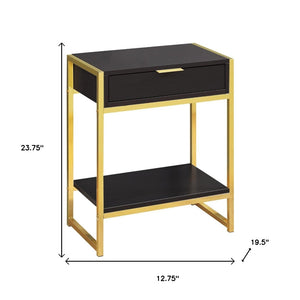 HomeRoots 24" Stylish Wood and Metal End Table with Drawer and Open Shelf for Modern Living Spaces Cappuccino,Gold 333232