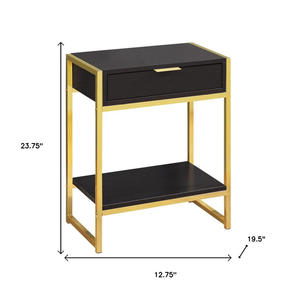 HomeRoots 24" Stylish Wood and Metal End Table with Drawer and Open Shelf for Modern Living Spaces Cappuccino,Gold 333232