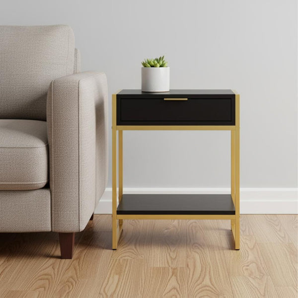 HomeRoots 24" Stylish Wood and Metal End Table with Drawer and Open Shelf for Modern Living Spaces Cappuccino,Gold 333232