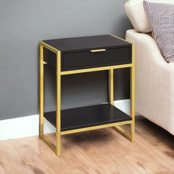 Homeroots 24" Gold And Dark Brown Wood And Metal End Table With Drawer And Shelf Cappuccino,Gold  333232