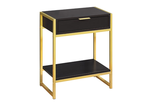 HomeRoots 24" Stylish Wood and Metal End Table with Drawer and Open Shelf for Modern Living Spaces Cappuccino,Gold 333232