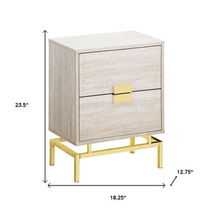 HomeRoots 24" Chic End Table with Two Drawers - Stylish Modern Accent for Living Room, Bedroom, or Entryway Beige,Gold 333236