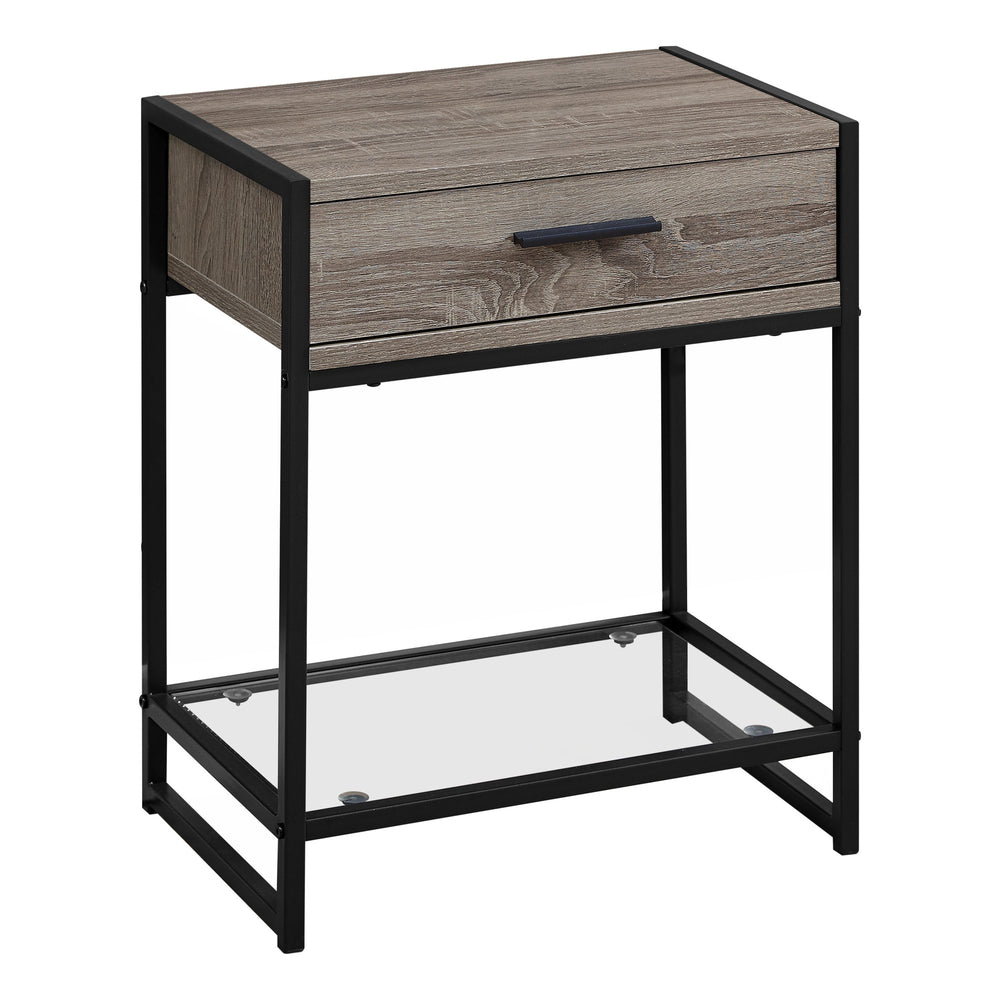 Homeroots 22" Black And Deep Taupe Glass And Metal End Table With Drawer And Shelf Dark Taupe,Black,Clear  333241