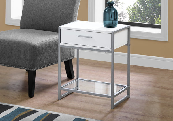 HomeRoots 22" Modern Glass and Metal End Table with Drawer, Shelf for Stylish Living Room Organization White,Clear, Silver 333243
