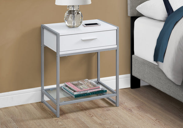 Homeroots 22" White Glass And Metal End Table With Drawer And Shelf White,Clear,Silver  333243