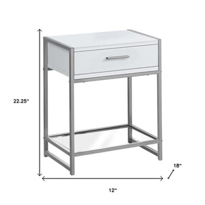 HomeRoots 22" Modern Glass and Metal End Table with Drawer, Shelf for Stylish Living Room Organization White,Clear, Silver 333243