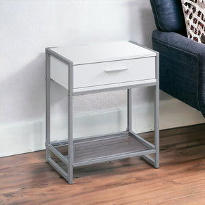 Homeroots 22" White Glass And Metal End Table With Drawer And Shelf White,Clear,Silver  333243