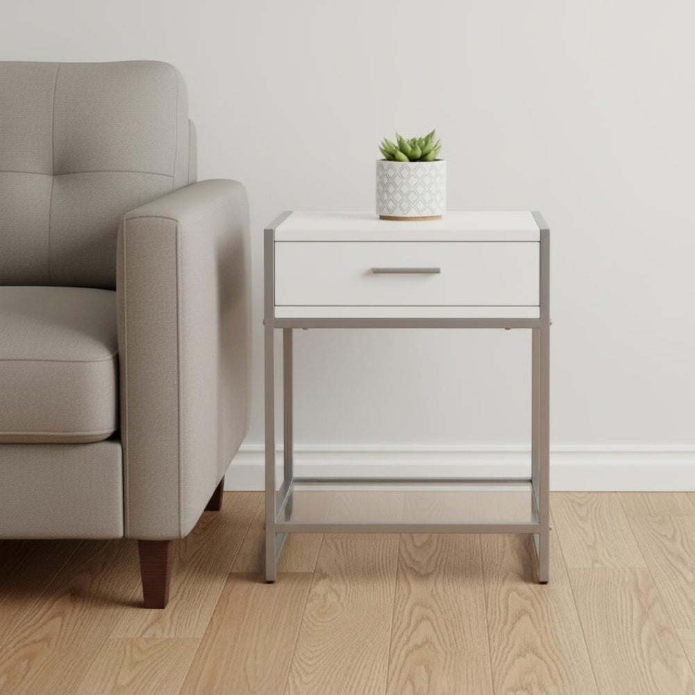 HomeRoots 22" Modern Glass and Metal End Table with Drawer, Shelf for Stylish Living Room Organization White,Clear, Silver 333243