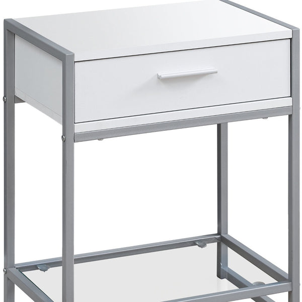 Homeroots 22" White Glass And Metal End Table With Drawer And Shelf White,Clear,Silver  333243