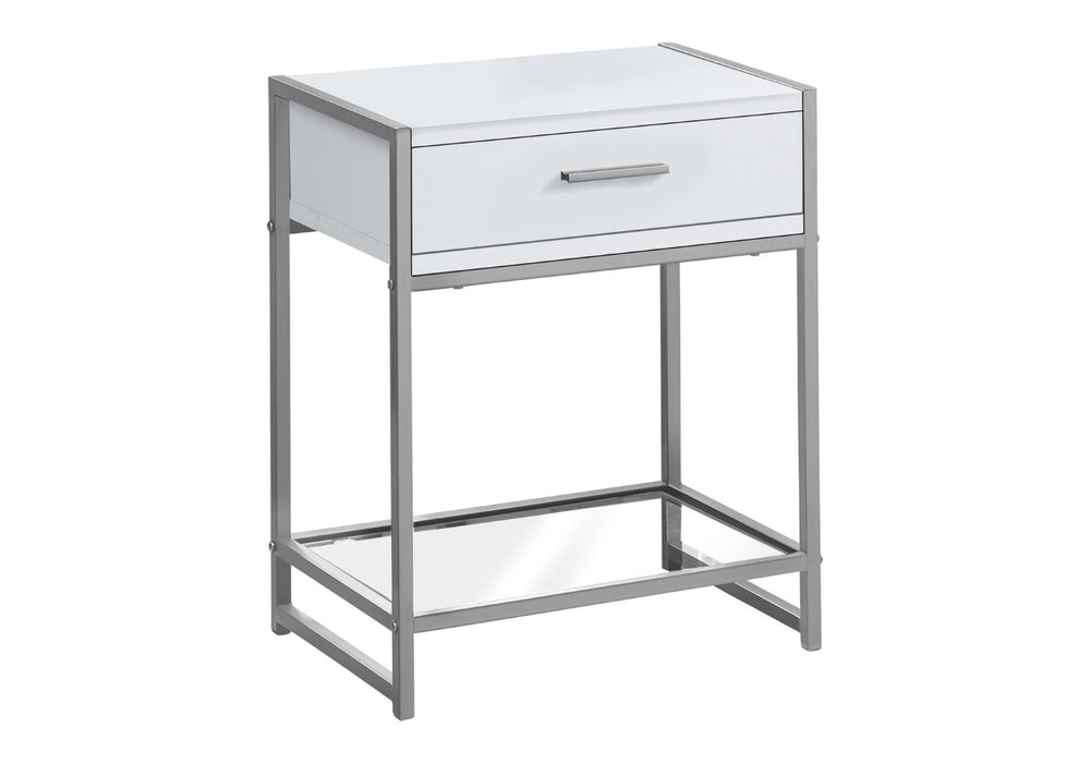 HomeRoots 22" Modern Glass and Metal End Table with Drawer, Shelf for Stylish Living Room Organization White,Clear, Silver 333243