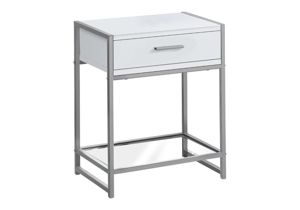 HomeRoots 22" Modern Glass and Metal End Table with Drawer, Shelf for Stylish Living Room Organization White,Clear, Silver 333243