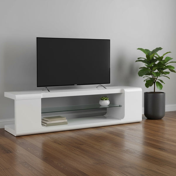 HomeRoots 15.75" Modern Tempered Glass TV Stand for Up to 60" TVs, Stylish MDF Frame, Versatile Media Center White,Clear 333255