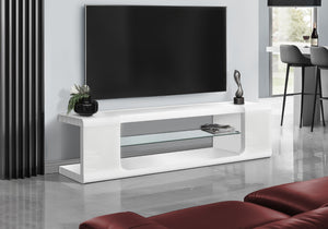 HomeRoots 15.75" Modern Tempered Glass TV Stand for Up to 60" TVs, Stylish MDF Frame, Versatile Media Center White,Clear 333255