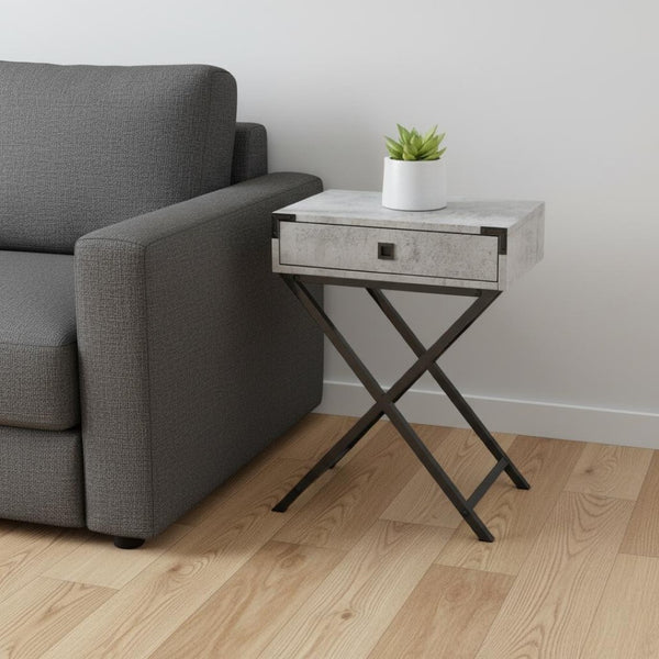 HomeRoots 24" Sleek End Table with Drawer - Modern Industrial Design Perfect for Small Spaces and Stylish Homes Grey,Black 333259