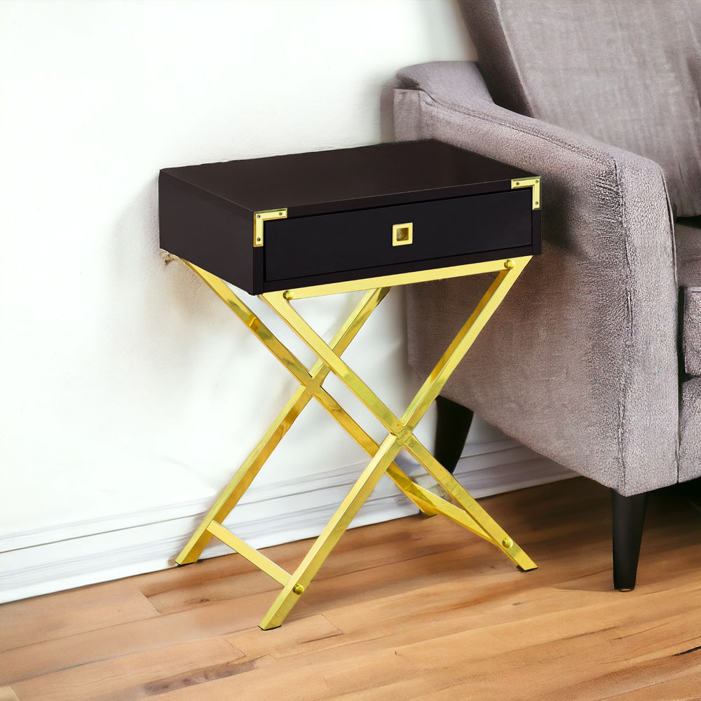 Homeroots 24" Gold And Dark Brown Wood And Metal End Table With Drawer Cappuccino,Gold  333263