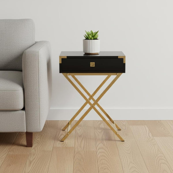 HomeRoots 24" Sleek End Table with Drawer - Modern Industrial Design Perfect for Small Spaces and Stylish Homes Cappuccino,Gold 333263