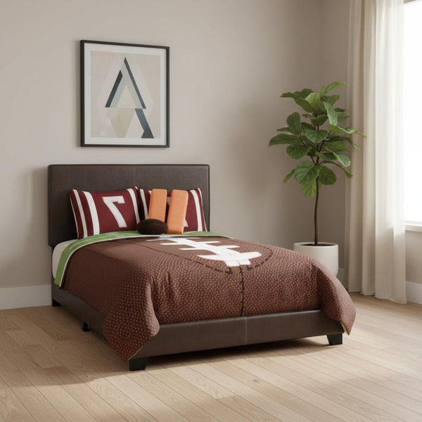 HomeRoots Brown Upholstered Faux Leather Full Bed Frame - Durable Wood Construction with Stylish Headboard 333278