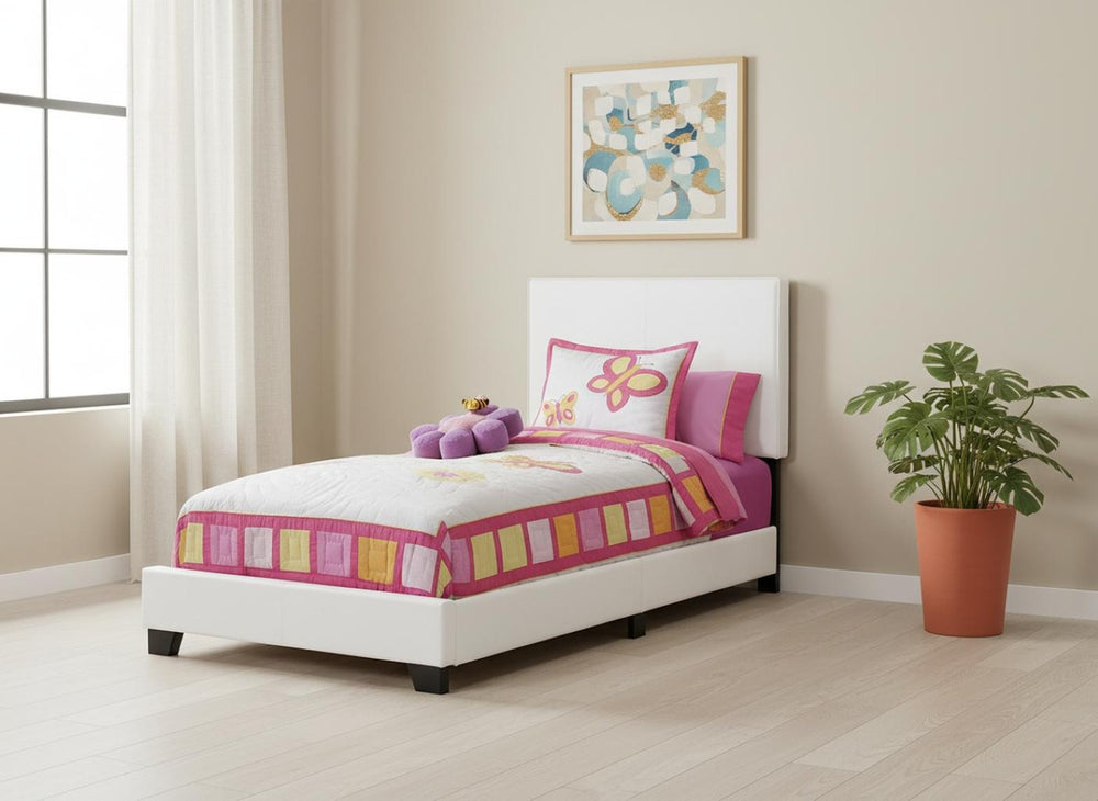HomeRoots White Solid Wood Twin Upholstered Bed Frame - Stylish Faux Leather Design for Kids' Rooms & Guests 333282