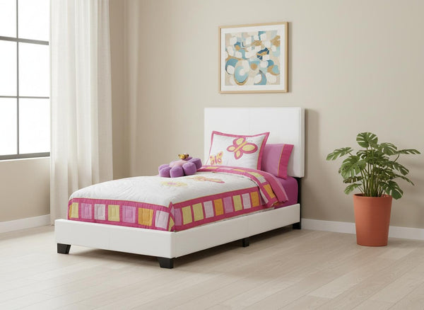 HomeRoots White Solid Wood Twin Upholstered Bed Frame - Stylish Faux Leather Design for Kids' Rooms & Guests 333282