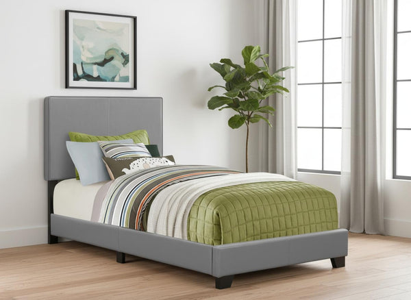 HomeRoots Solid Modern Twin Bed in Gray Faux Leather with Durable Wood Frame for Stylish Comfort and Support 333283