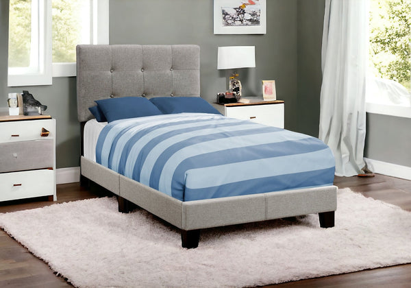 Homeroots Gray Twin Tufted Upholstered Linen Bed Frame With Nailhead Trim Grey Foam 333286