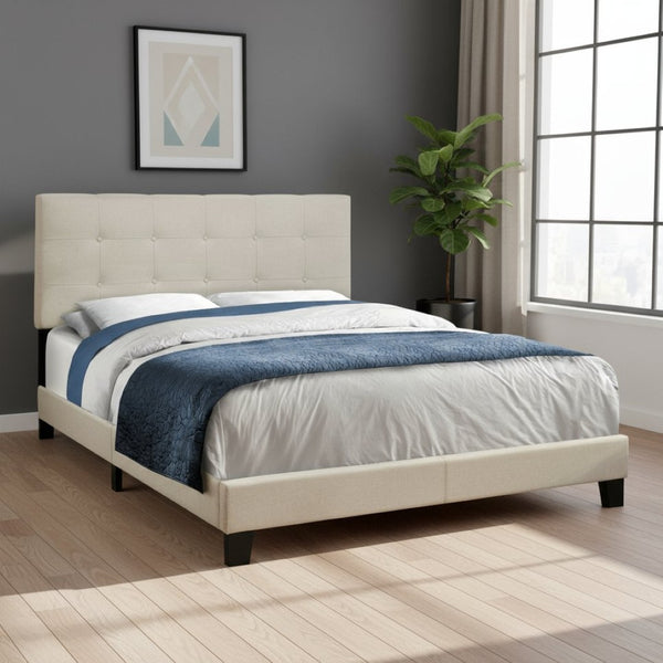 HomeRoots Gray Queen Tufted Upholstered Bed Frame – Elegant Comfort with Solid Wood Support for Stylish Bedrooms Beige 333288