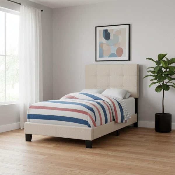 HomeRoots Gray Twin Upholstered Bed Frame with Elegant Nailhead Trim and Durable Foam-Padded Headboard Beige 333289