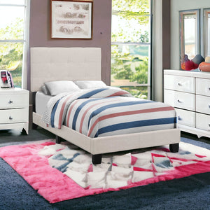 Homeroots Beige Twin Tufted Upholstered Linen Bed Frame With Nailhead Trim Beige Foam 333289