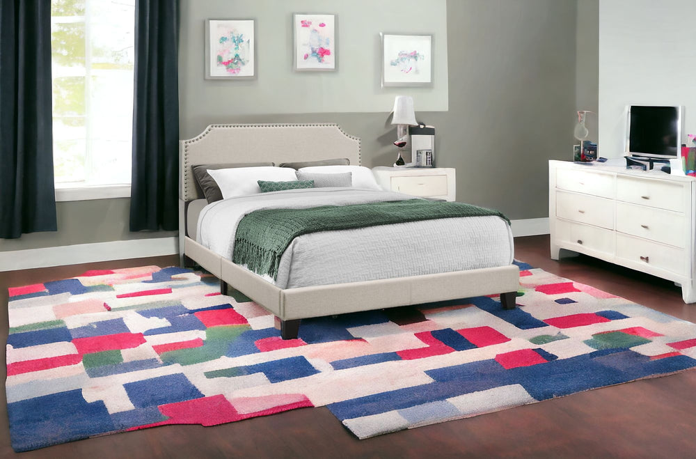 Homeroots Beige Queen Upholstered Bed Frame With Nailhead Trim Beige Foam 333297