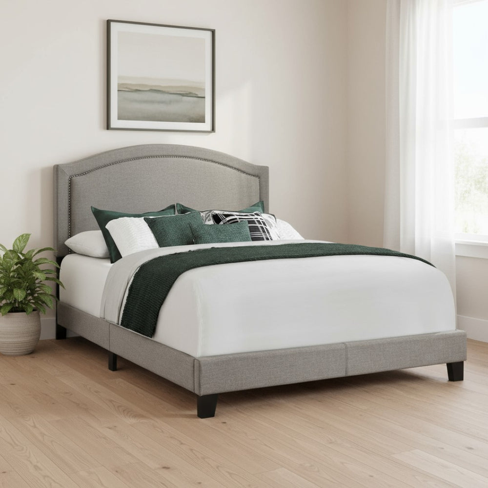HomeRoots Gray Solid Wood Queen Bed Frame with Upholstered Linen and Elegant Nailhead Trim for Stylish Comfort Grey 333300