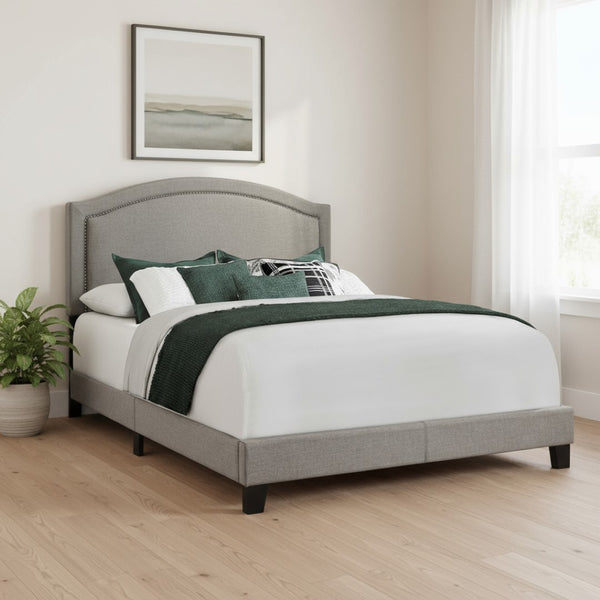 HomeRoots Gray Solid Wood Queen Bed Frame with Upholstered Linen and Elegant Nailhead Trim for Stylish Comfort Grey 333300