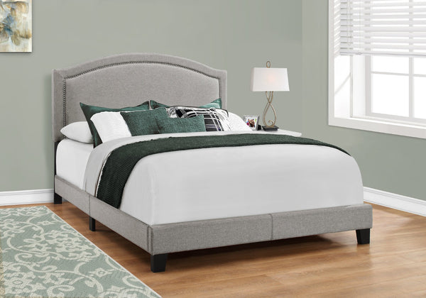 HomeRoots Gray Solid Wood Queen Bed Frame with Upholstered Linen and Elegant Nailhead Trim for Stylish Comfort Grey 333300