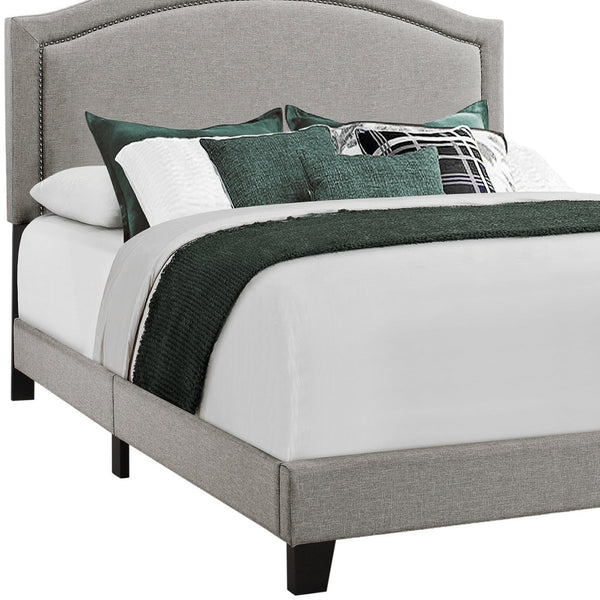 Homeroots Gray Solid Wood Queen Upholstered Linen Bed Frame With Nailhead Trim Grey Solid Manufactured Wood 333300