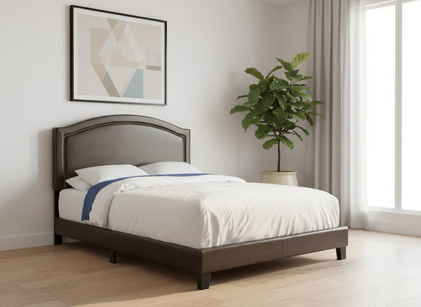 HomeRoots Gray Solid Wood Queen Bed Frame with Upholstered Linen and Elegant Nailhead Trim for Stylish Comfort Brown 333306