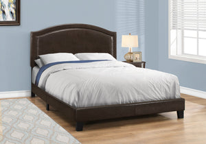 HomeRoots Gray Solid Wood Queen Bed Frame with Upholstered Linen and Elegant Nailhead Trim for Stylish Comfort Brown 333306